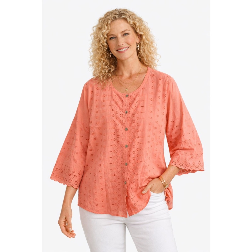 Coral Eyelet Embroidered Button Front Blouse Bell Sleeve Cottagecore Boho Top XL - Picture 2 of 9